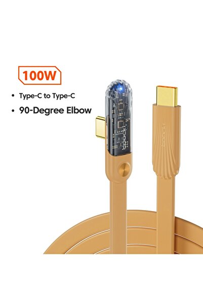 Toocki كابل USB من النوع C إلى USB-C بطول 2 متر، أصفر اللون، بقوة 100 واط، بز...