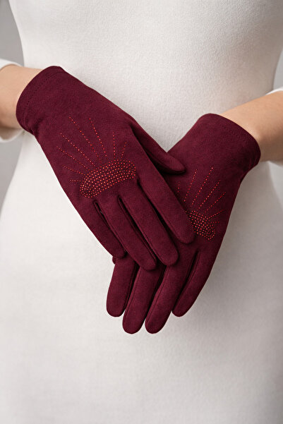 Şirin Giyim Aksesuar قفازات نسائية باللون الأحمر الداكن من القطن - مزينة بتفا...
