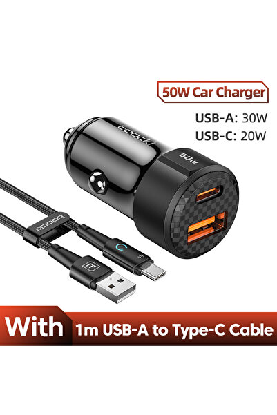 Toocki Black with cable 50W USB C Car Charger PD QC 3.0 For iPhone 14 13 12 1...