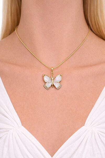 femline قلادة نسائية على شكل فراشة من الحجر الأبيض باللون الذهبي
