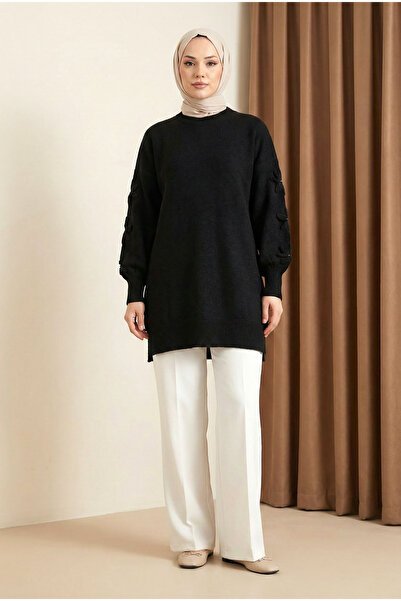 MODAQU Crew Neck Sleeveless Floral Detailed Soft Knitwear Tunic - Black