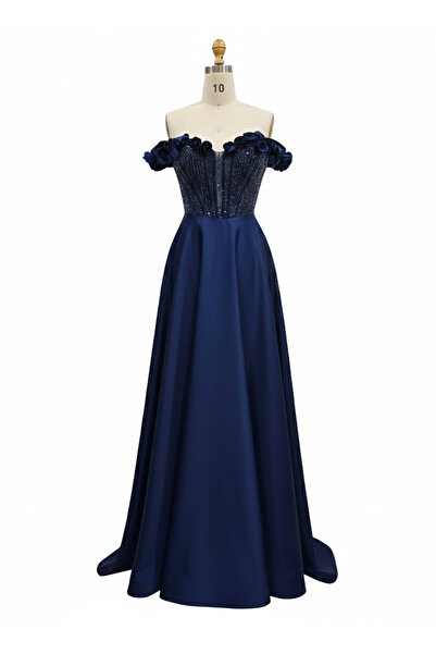 Marvella Navy blue embroidered evening dress - elegant embroidered details fo...
