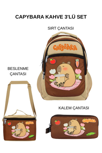 ÜMİT ÇANTA Set de 3 genți școlare Capybara pentru școala primară – Bej și Maro