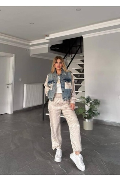 RED WOMAN FASHİON Denim Jacket and Satin Trousers Set