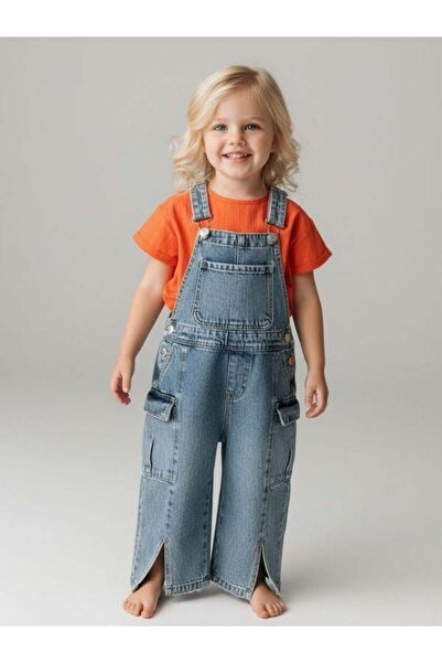 Zekids Girl's Slit Detailed Denim Salopet