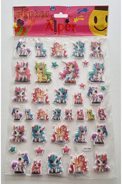 Modellino Konulu Sticker Kabartmalı Sitikır A4 Boy Yapıştırma Etiket - 3'lü Unicorn Sticker - ALP-529-106-554
