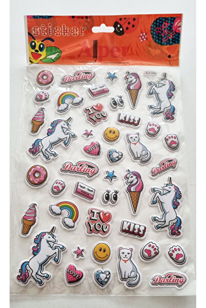 Modellino Konulu Sticker Kabartmalı Sitikır A4 Boy Yapıştırma Etiket - 3'lü Unicorn Sticker - ALP-529-106-554
