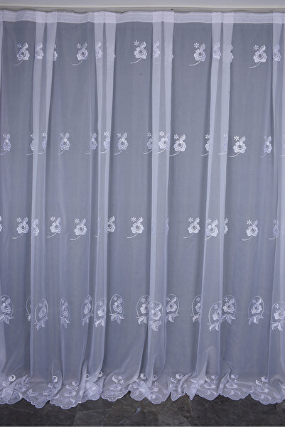 AKÇA TEKSTİL Brode 2150 Pattern White Color Single Wing Ready-Made Pleated Ba...