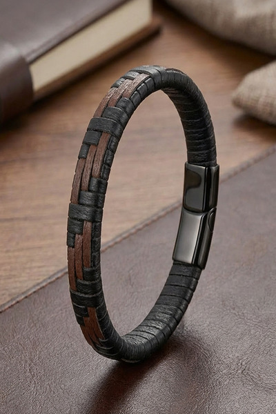 OSMANLI GÜMÜŞ Men's Leather Bracelet with Magnetic Lock Black Brown Wrapped L...