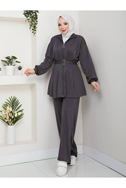 moda periy kadın Fermuarlı Kemerli Bol Paça kombin tesettür Takım