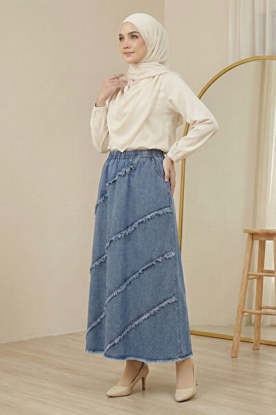 Kirazgym Women's Tassel Detailed Elastic Waist Hijab Long Denim Skirt - Blue