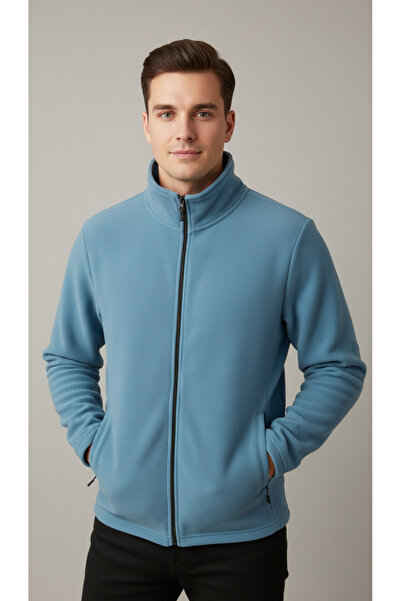 CALİA Men's Light Indigo Stand Collar Full Zip Winter Fleece Sweatshirt Cardi...