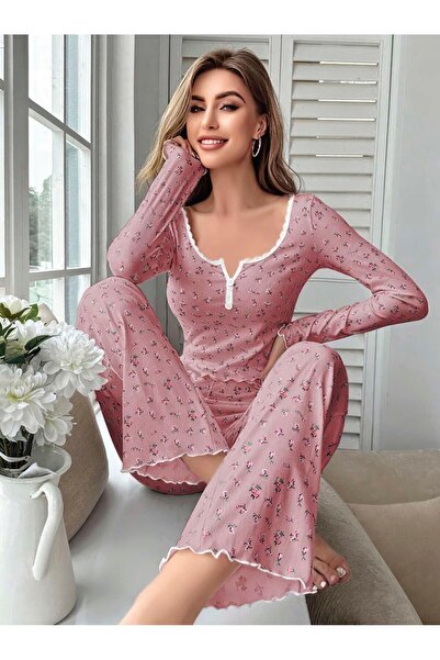 BUDİ HOME Women's Floral Patterned Soft Cotton Long Pajama Set 5132