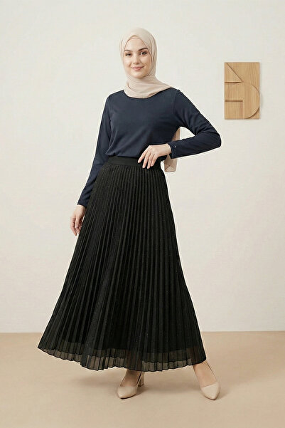 Kirazgym Women's Stoned Detailed Pleated Hijab Long Skirt - Black