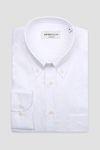 Abbate BB Club Mike Oxford Pamuk Polyester Regular Fit Beyaz Düğmeli Yaka Erkek Düz Gömlek