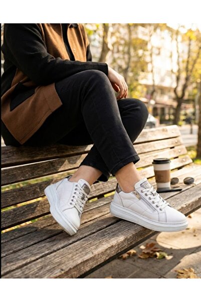 Derimoda Genuine Leather White Zipper Women's Sneaker