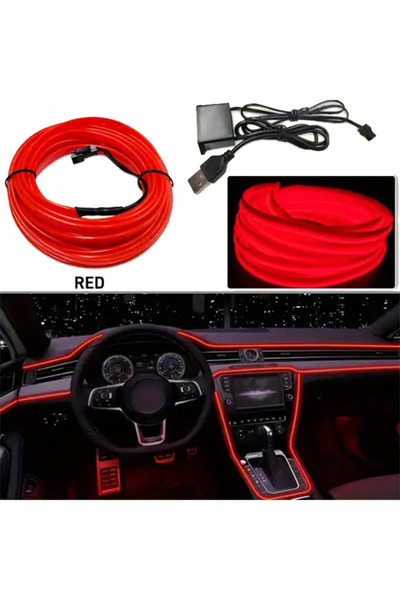 byerkans Usbli Kırmızı Torpido Ledi 5 metre Usbli Kırmızı Neon Ambiyans Led U...