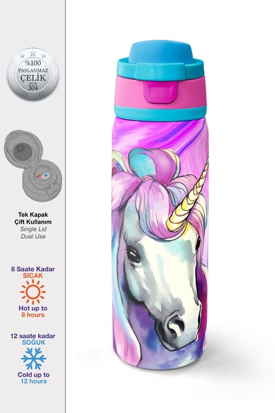 Coral High Pembe Unıcorn Desenli Pipetli ve Direkt İçim Çelik Termos 800 ml 3...