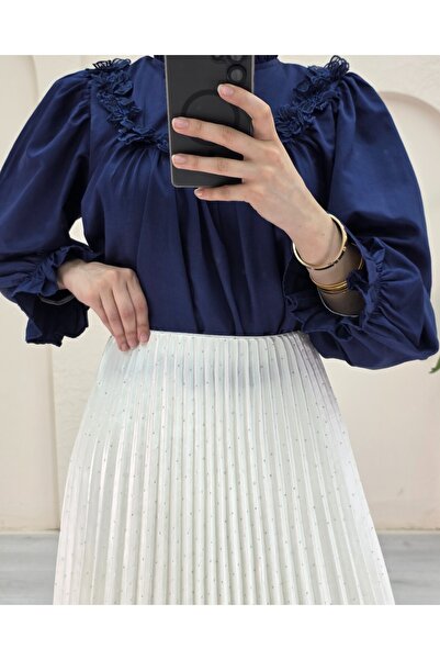 Kirazgym Women's Stoned Detailed Pleated Hijab Long Skirt - Cream