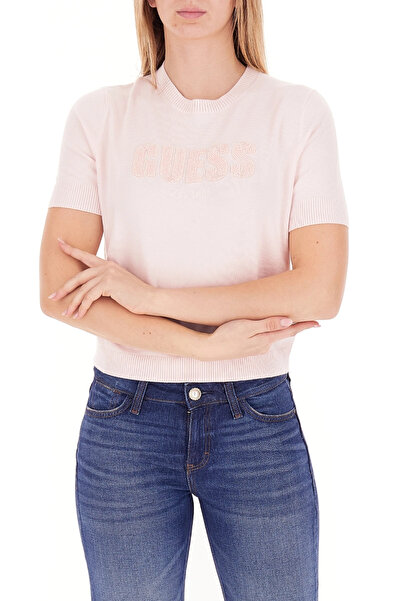 Guess Κοντομάνικο πλεκτό με λαιμόκοψη και λογότυπο Norah Γυναικείο ροζ πλεκτό...