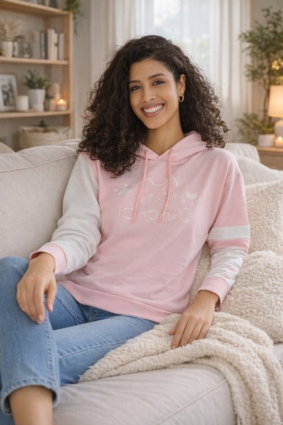 FUDS UNİON Powder Pink Hooded Cat Printed Women's Sweatshirt