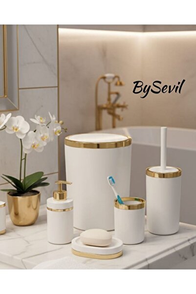 BySevil Acrylic Round 5 Piece Marble Pattern Bathroom Set - White Gold