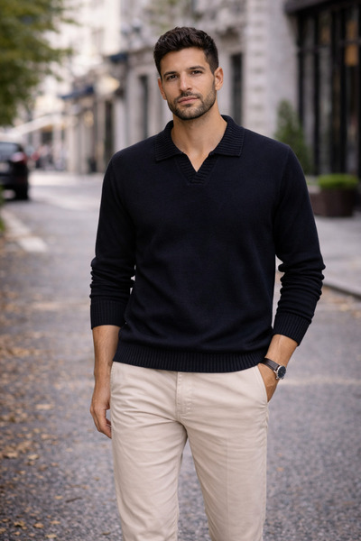 Duuf Men's Standard Fit Polo Collar Knit Sweater