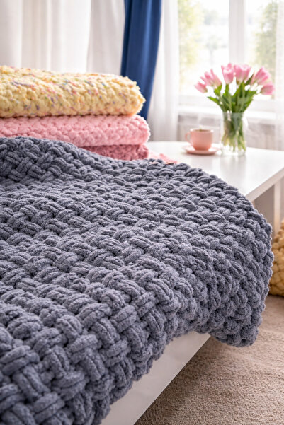 El Emeği Yeni Doğan ve Bebekler Için Kadife Ip El Örgüsü Battaniye