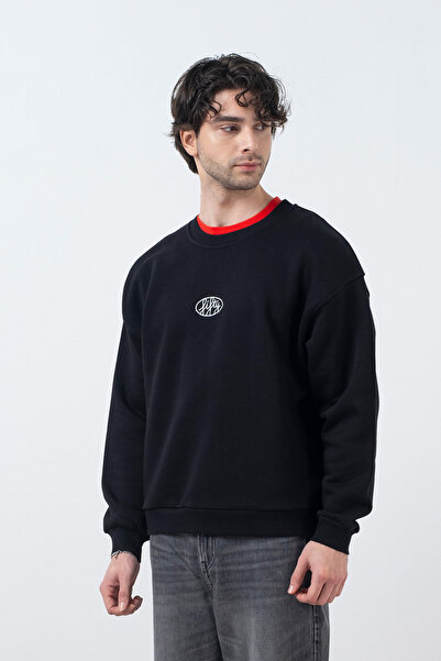 Erkek Siyah Düşük Omuzlu Sırt Baskılı Sweatshirt