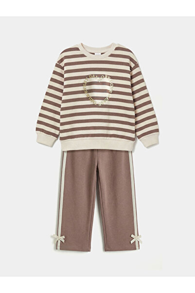 LC Waikiki Lcw Baby Ekru Printed Baby Girl Sweatshirt and Sweatpants