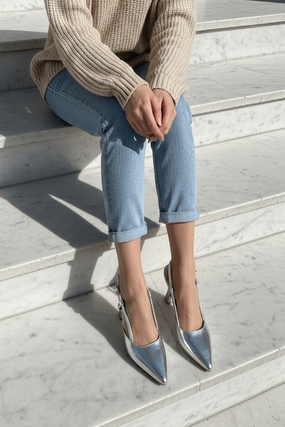 DİVOLYA Semiras Silver Wrinkled Patent Leather Open Sides (9 cm Heel) Pointed...