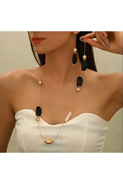 set.up Long Design Natural Stone Necklace and Earring Set Double Set
