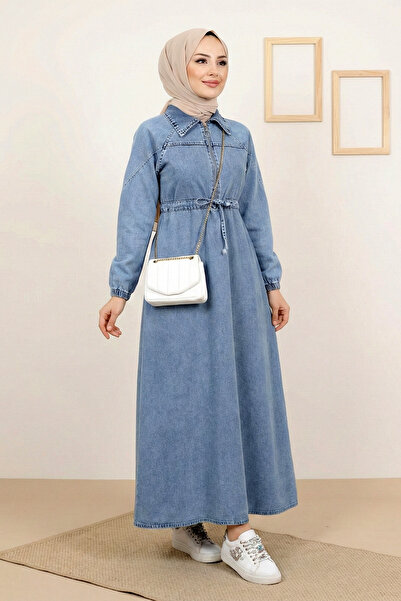 Kirazgym Kadın Beli Tünel Bağcıklı Yarım Fermuarlı Kolu Lastikli Kot Elbise -...