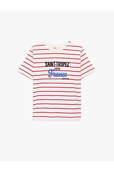 Koton Γυναικείο T-Shirt Saint-Tropez με στάμπα και ρίγες σε κόκκινο χρώμα 6SA...