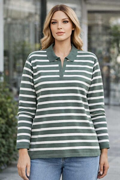 LocaMz    Women's Polo Neck Striped Knitwear Sweater