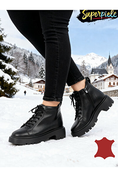 ANGEL BLUE Women's short leather boots with fur lining, black, with zipper an...