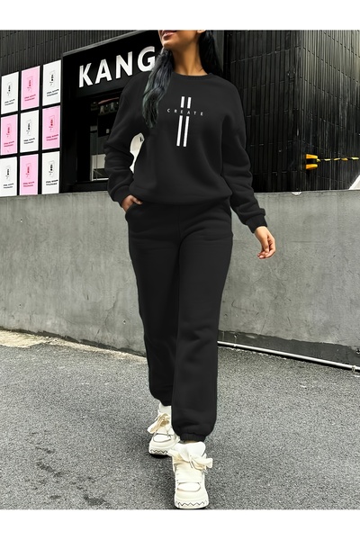 mercoledi Women's Printed Crew Neck Top Jogger Bottom Tracksuit Set Oversize