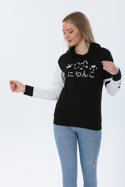 Generic Brand Cat Printed Hooded Sweatshirt - Black
