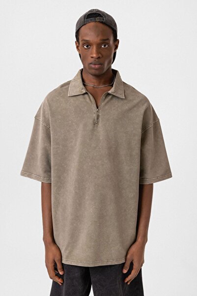 VAMOSCLO Polo Yaka Oversize Yıkamalı Tişört Haki