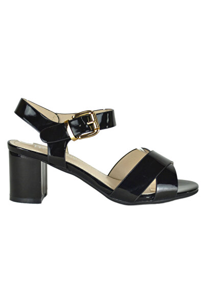 Elis Fashion Sandale negre din piele ecologica lacuita cu toc de 6 cm #1801