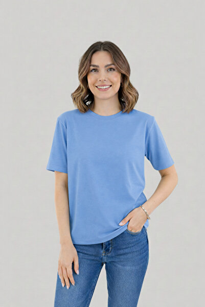 Sibel Günay Butik Women's Crew Neck 100% Cotton Blue Basic Casual T-Shirt