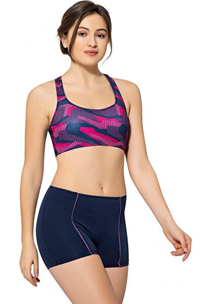 Swana Modelli Desenli Badili Şortlu Yüzücü Bikini Takımı -Lacivert