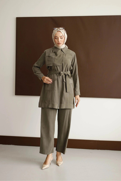 DEFNECE BUTİK Meyra Belted Stylish Suit - Green