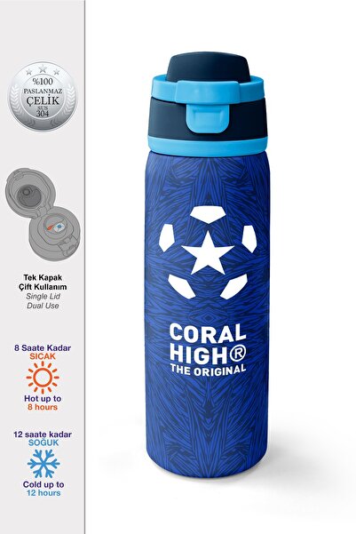 Coral High Navy Blue Saks Football Patterned Steel Thermos with Straw and Dir...