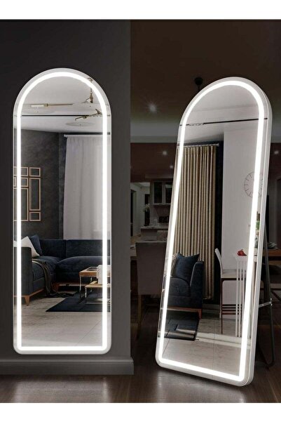 Taimi مرآة كبيرة بتصميم أنيق، 160×50 سم، مع إضاءة أمامية، إطار معدني أبيض وحا...