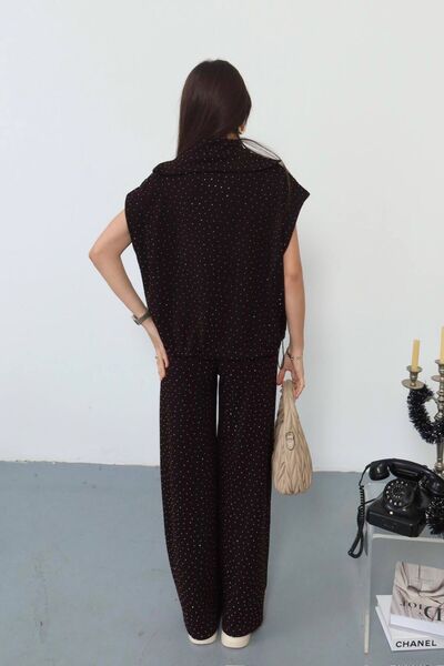 eBaa fashıon TAŞLI KOLSUZ LASTİKLİ YELEK PANTOLON ALT ÜST TAKIM