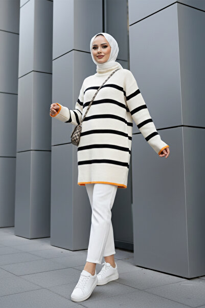 MODAQU High-Necked Striped Thessaloniki Woven Knitwear Tunic - Cream