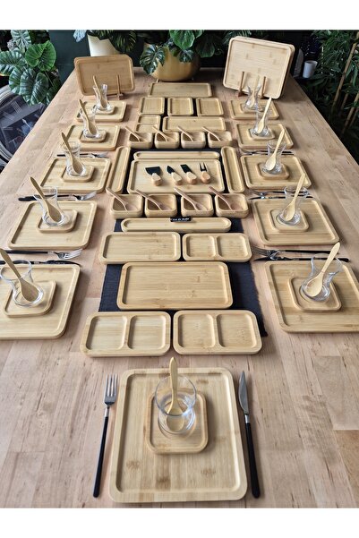 CASA DE BELLA Bambu 64 Parça Kare Servis Tabaklı 12 Kişilik Kahvaltı Takımı