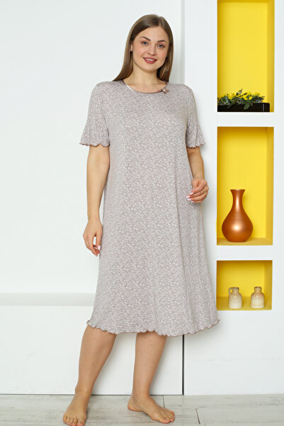 İntensive قميص نوم نسائي منقوش بأكمام قصيرة وتفاصيل فيونكة من الليكرا مقاس كبير