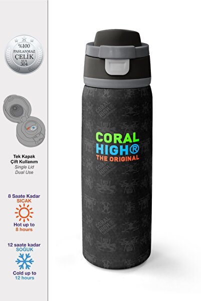 Coral High ترموس ستيل أسود منقوش بنمط الطائرة بدون طيار مع شفاطة وقارورة شرب ...